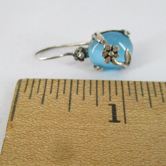 Blue Cat's Eye Threader Hook Floral Wrap Earrings 925 Vintage Sterling Silver - Picture 4 of 4